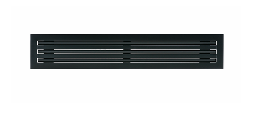 Front view of a black 36 inch 3-slot linear diffuser with 19mm openings for precision airflow in commercial HVAC systems