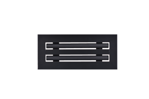 Front view of a black 10x4 inch 2-slot linear diffuser with 25mm openings for high airflow in commercial HVAC systems