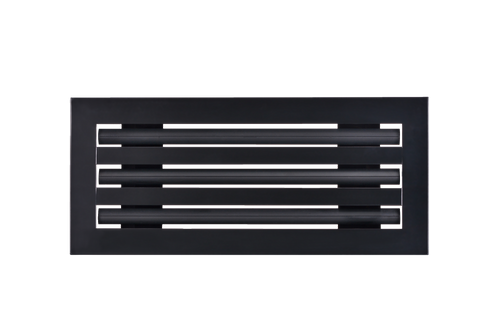 Front view of a black 14x6 inch 3-slot linear diffuser with 25mm openings for high airflow in commercial HVAC systems