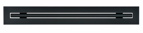 Front view of a black 16-inch 1-slot linear diffuser with 25mm openings for high airflow in commercial HVAC systems